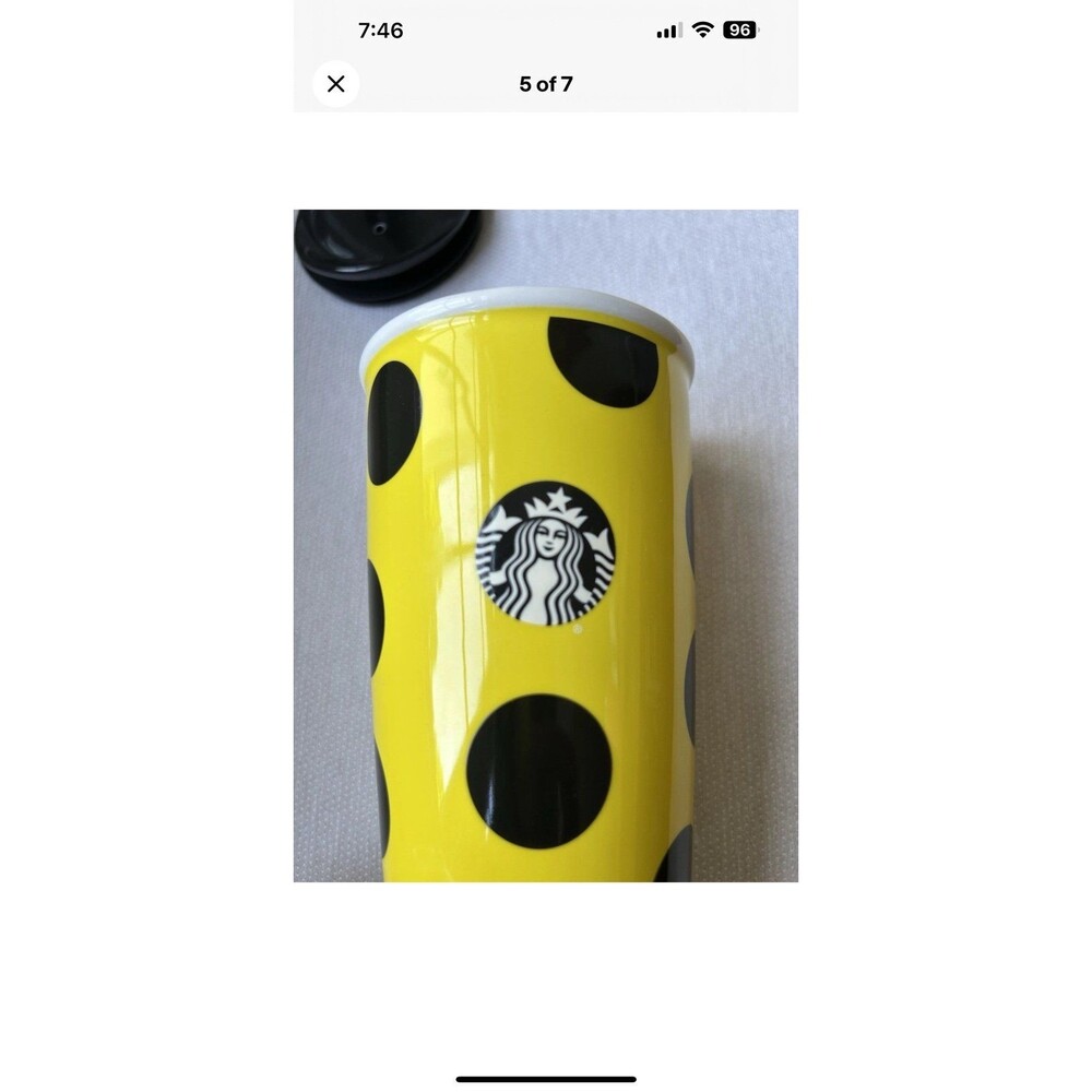 Starbucks 2015 Citron Yellow Polka Dot Ceramic Tumbler Travel Coffee Mug 12 oz - Picture 5 of 7